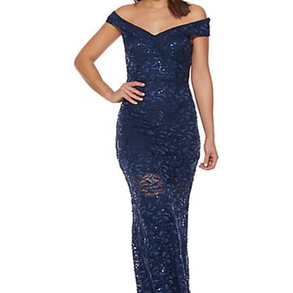 QUIZ Sequined Lace Off-The-Shoulder Mermaid Gown 8 Navy